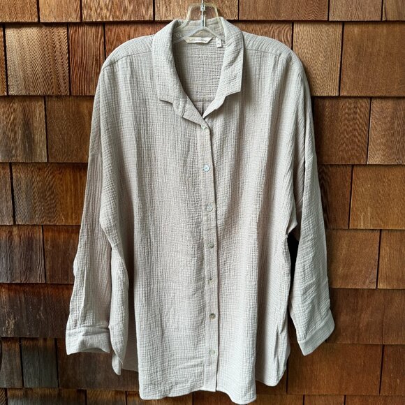 NWOT Soft Surroundings Tan Peregrine Gauze Button Front Long Sleeve Shirt in 1X - Picture 1 of 8